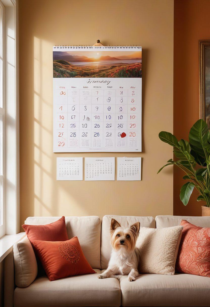 A cozy and romantic scene depicting a couple sitting together in a warm, sunlit room filled with photos of their memories. They are reviewing insurance documents with a sense of trust and understanding, surrounded by symbols of love like heart-shaped cushions and a small dog. Include a calendar marking their important dates. The atmosphere should evoke reassurance and warmth, representing the protection of their love. super-realistic. vibrant colors. soft lighting.