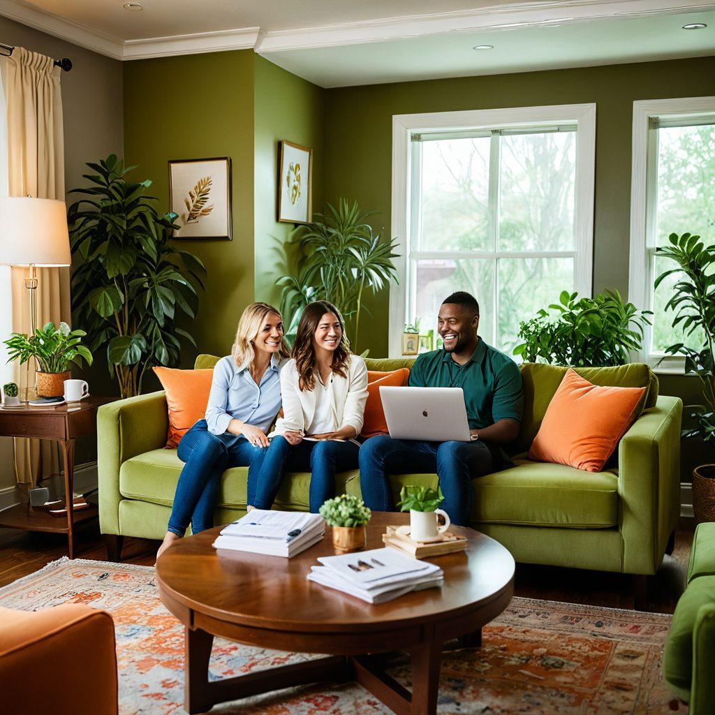 A warm and inviting living room scene featuring a couple discussing their health and home insurance options over coffee, with visual elements like policy documents, a laptop displaying insurance plans, and a cozy ambiance with plants and soft lighting. The couple appears engaged and optimistic, symbolizing partnerships and security. super-realistic. vibrant colors. warm tones.