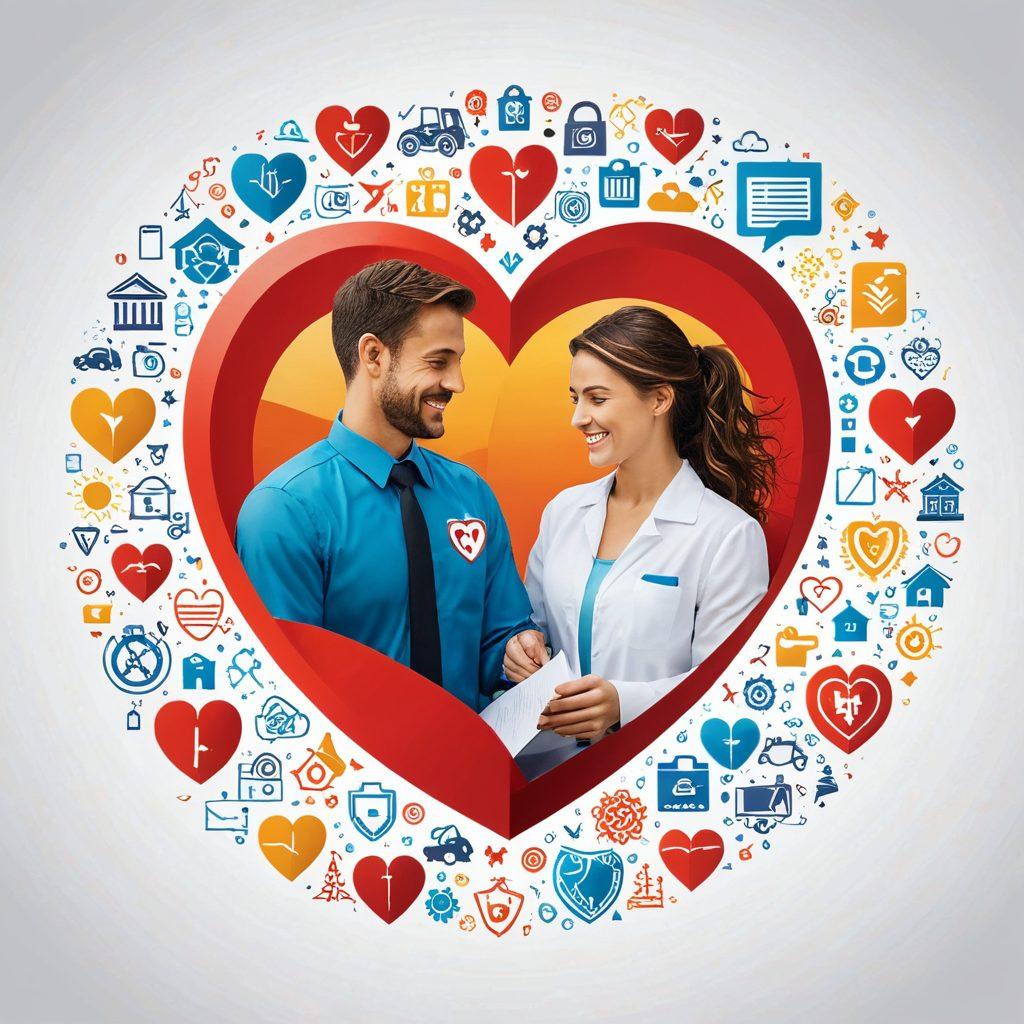 An abstract heart composed of various insurance policy documents and contract icons, symbolizing security in relationships. In the background, a couple is seen smiling, intertwined in a supportive embrace, surrounded by floating symbols of protection like shields and locks. Warm colors radiate positivity and trust. super-realistic. vibrant colors. white background.